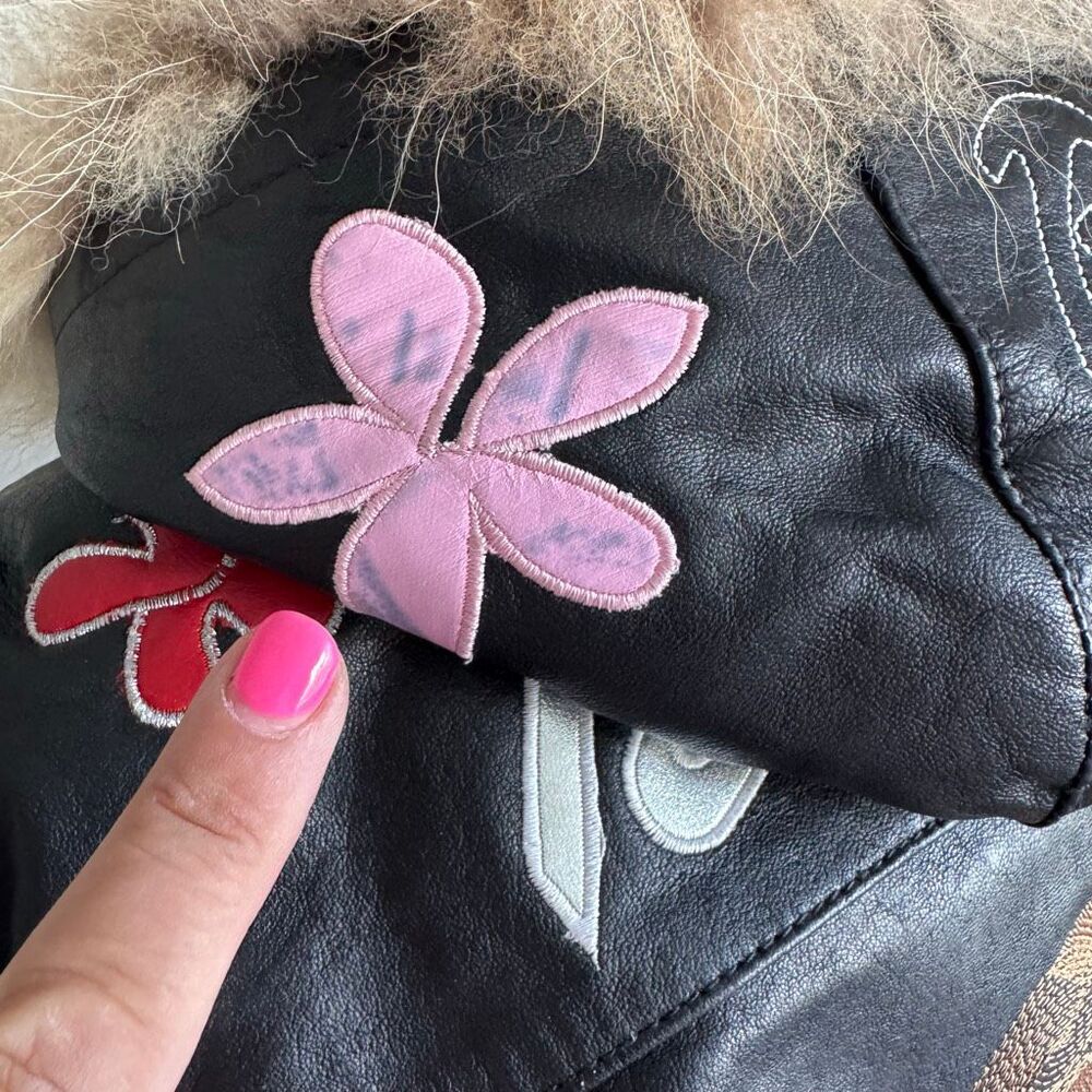 Barbie Custom Embroidered Glam Graphic Leather Jacket With Faux Fur Hood - Picture 13 of 13